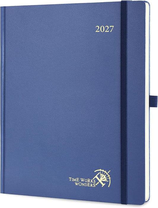 POPRUN 2027 Planner Weekly and Monthly, Large 8.5" x 10.5" Calendar, Jan 2027- Dec 2027 Agenda, Daily Appointment Book with Hourly Time Slots, Monthly Tabs, Hardcover, 100 GSM - Night Sky Blue