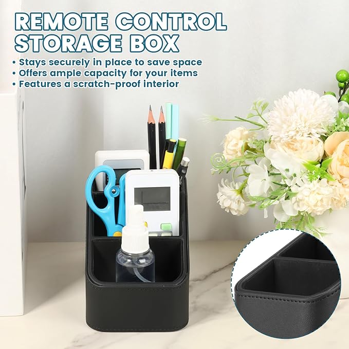 PU Remote Control Holder, Remote Caddy Box with 3 Compartments for Nightstand Bedside Table Couch Desk, Small Storage Organizer for Glasses,Pens,Cosmetics,Office Supply