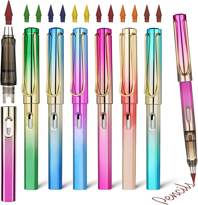 Ainiv Colored Inkless Pencil, 12 Sets No Sharpen Infinity Pencil Reusable Everlasting Pencil with Extra 12 Color Replaceable Nibs Forever Pencil for Writing Drawing Home Office School Supplies