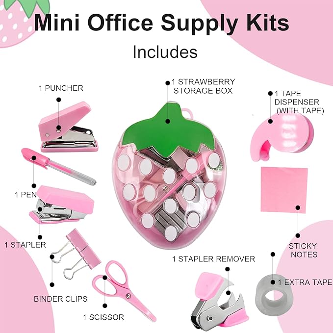 Mini Office Supply Kits Strawberry Mini Stapler Set, 11Pcs Portable School Supplies Kit with Mini Scissors, Tape Dispenser, Hole Puncher, Sticky Notes for Desk Organization, for Back to School