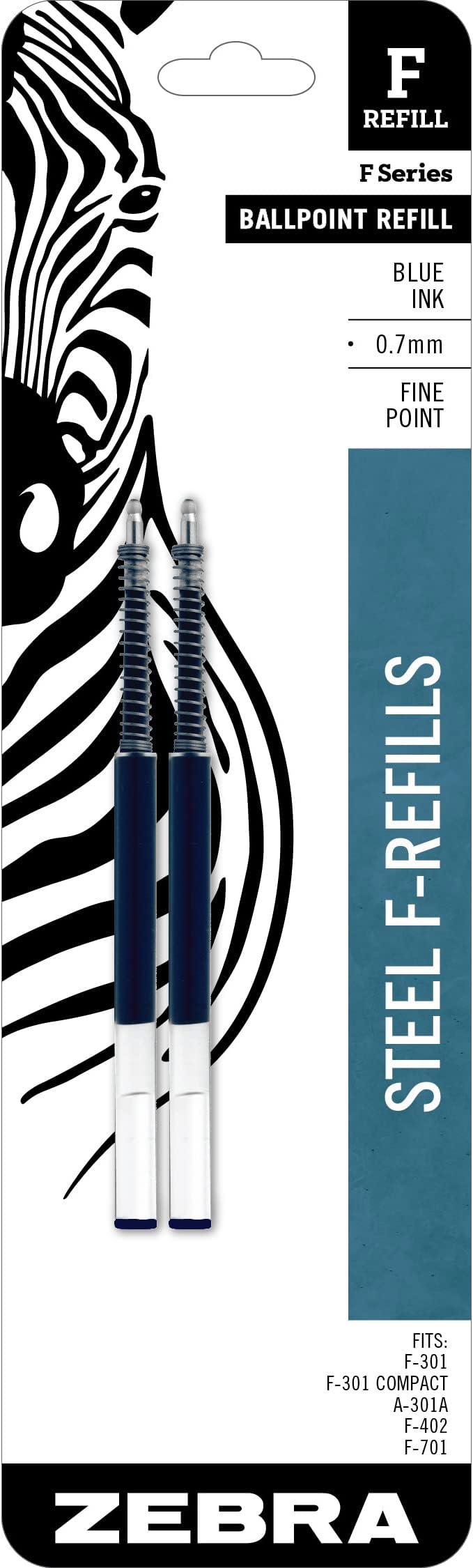 Zebra Pen STEEL, F-Refill Ballpoint Ink Refills, 0.7mm Fine Point, Blue Ink, Fits Zebra F-301, F-402, and F-701 Ballpoint Pens, Smooth Writing Performance, 2-Pack (85522)