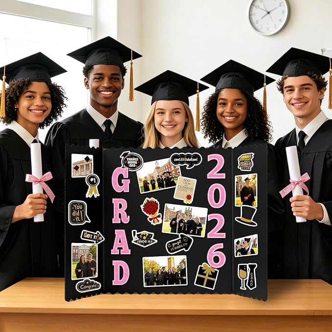 4 Set Graduation Photo Trifold Poster Board, Class of 2026 Graduation Picture Display Boards with Colorful Grad Stickers, Photo Display Board for Grad Party Multiple Pictures Table Decor, 24 x 16 Inch