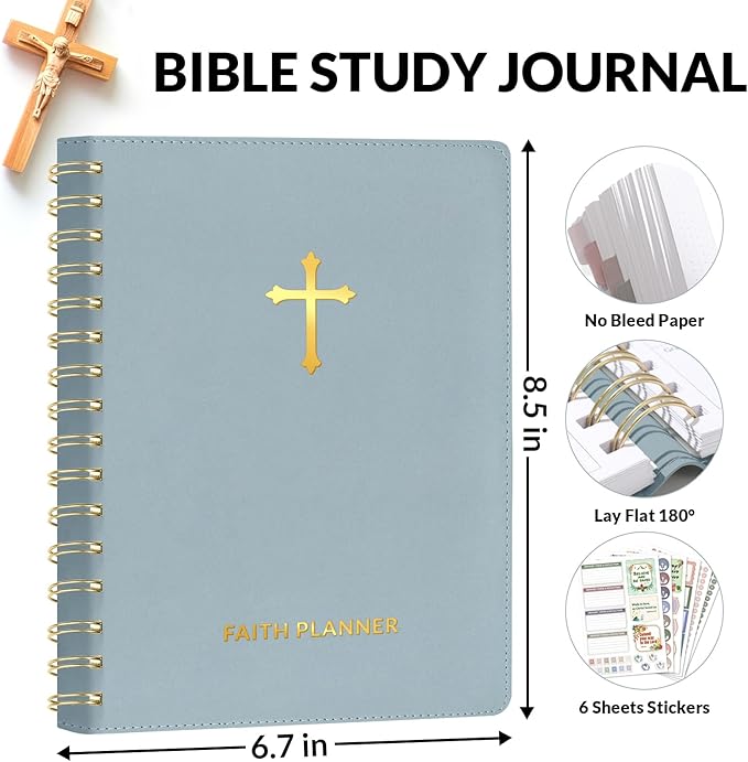 SUNEE Christian Planner - Undated 12 Month Bible Journal and Prayer Planner A5 Spiral Bound, Monthly & Weekly Christian Organizer Gifts for Women Men (Grey Blue)