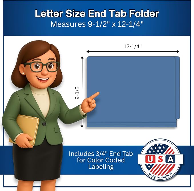 Blue File Folders, Doctor Stuff, Letter Size Reinforced End Tab Folder with 2" Bonded Fastener on Inside Front and Back, 14 pt Stock, Carton of 250