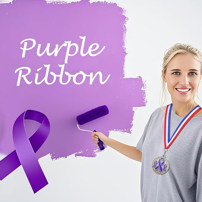 30 Pcs Ribbon Awareness Medals Breast Cancer Awareness Ribbon Gifts 2" Domestic Violence Trophy Medal with Neck Ribbons for Women Girl Charity Recognition, Survivor Movement(Purple)