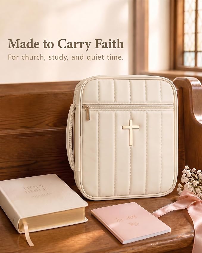 Wuflyover Bible Bag for Women, Quilted Bible Cover Case with Handle, Bible Carrying Case for Church and Bible Study, (Beige)