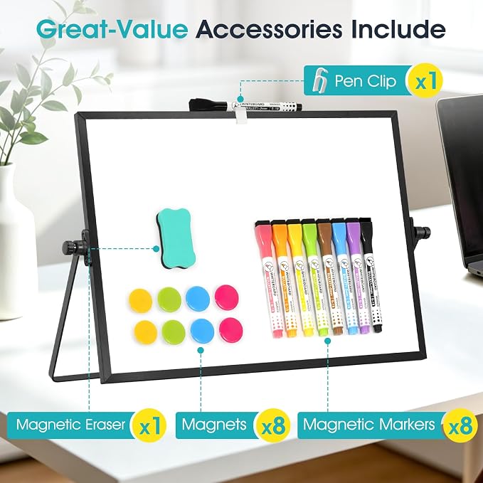 Dry Erase White Board, WALGLASS 12" x 8" Small Desktop Whiteboard with Stand, Double-Sided Magnetic Whiteboard, Portable Dry Erase Board for Kids Drawing, Study, Home, Office, School (Black)