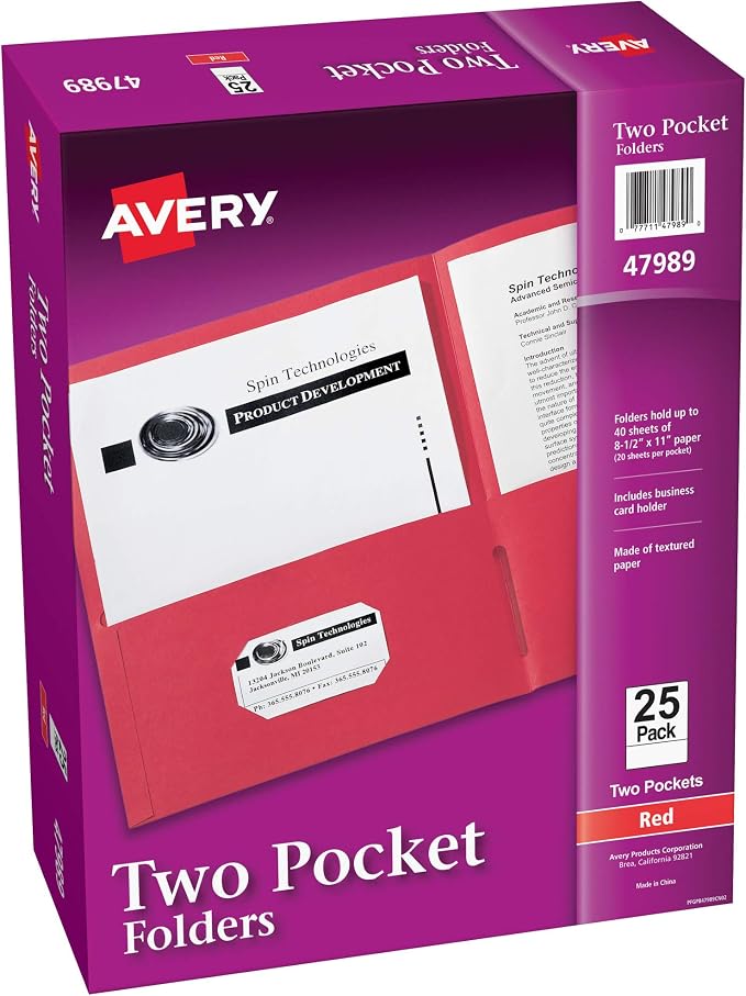 Avery Two Pocket Folders, Holds up to 40 Sheets, Business Card Slot, 25 Red Folders (47989)