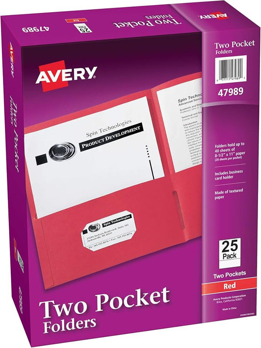 Avery Two Pocket Folders, Holds up to 40 Sheets, Business Card Slot, 25 Red Folders (47989)