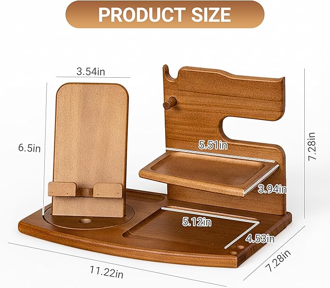 Wooden Desk Organizer with Phone Stand - 11.2"×7.3"×7.3" Multifunctional Desktop Storage for Phone, Glasses, Watch, Office Supplies, Bedside Organizer & Wood Dock Station