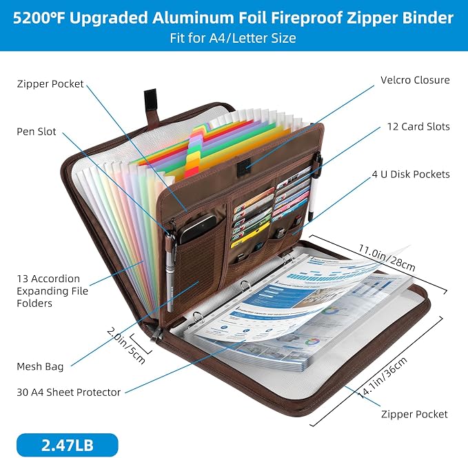 5200℉ Fireproof Document Organizer with 13 Accordion Expanding File Folder, Aluminum Foil Zipper Binder with 30 A4/Letter Sheet Protector, Binder for School Office Home Storage (Brown)