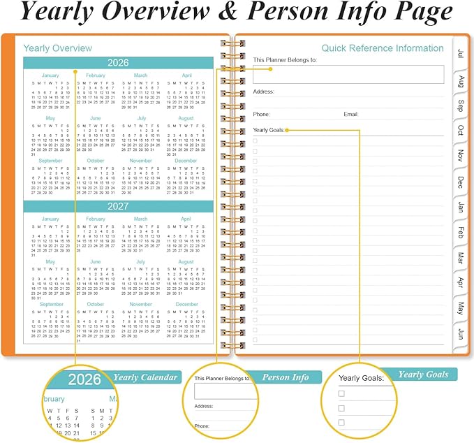 2026-2027 Planner - Weekly and Monthly Calendar Planner from Jul 2026 - Jun 2027, Planner 2026-2027 Spiral Bound with 12 Monthly Tabs, Inner Pocket, Perfect for School Office Supplies, 6.4" x 8.5", Orange-C