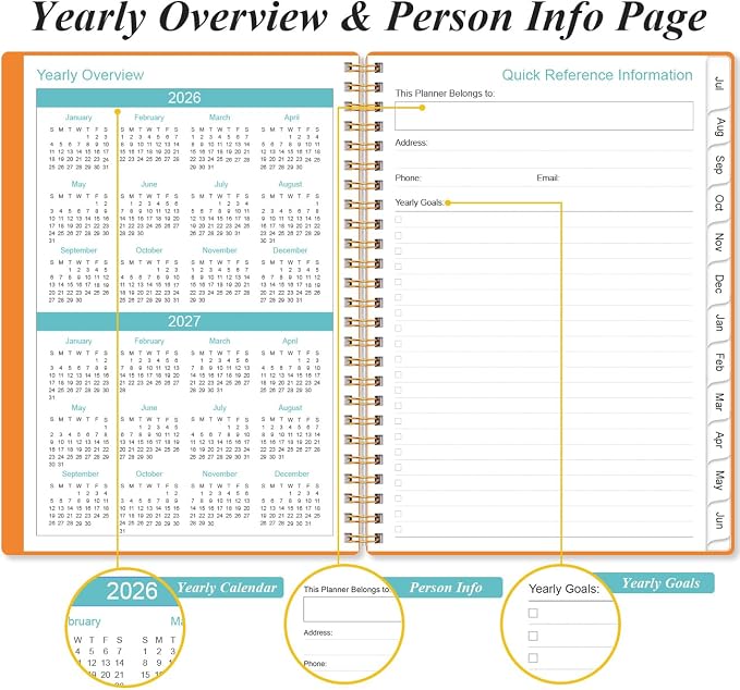 2026-2027 Planner - Planner 2026-2027 from July 2026 - June 2027, Weekly & Monthly Planner Spiral Bound with 12 Monthly Tabs, Inner Pocket, 6.4" x 8.5", Orange-A