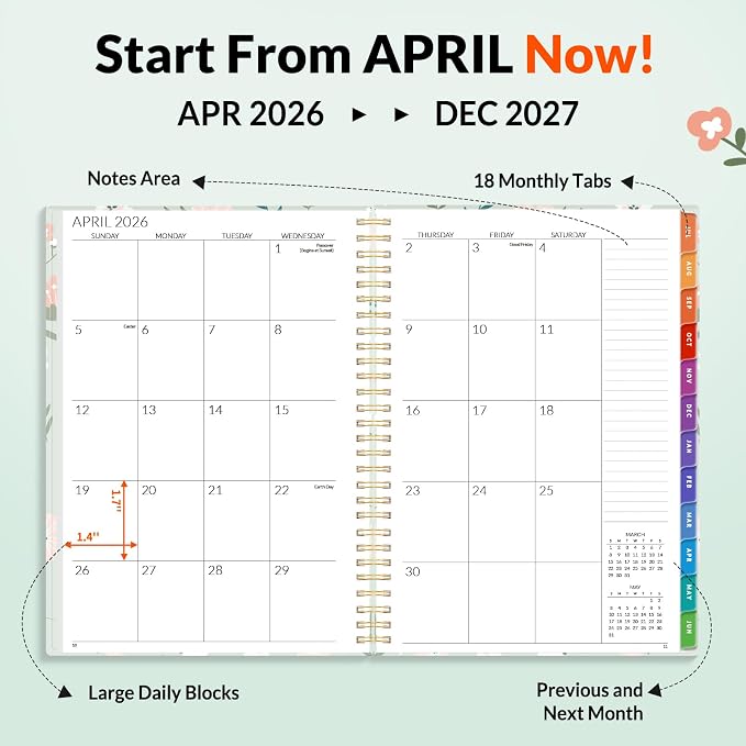 SUNEE Monthly Planner 2026-2027 - 18 Months Calendar Planner from Jul 2026 to Dec 2027, 7"x10" Yearly Planner with Tabs, Spiral Binding, Organizer for School Office Home, Green Wildflowers