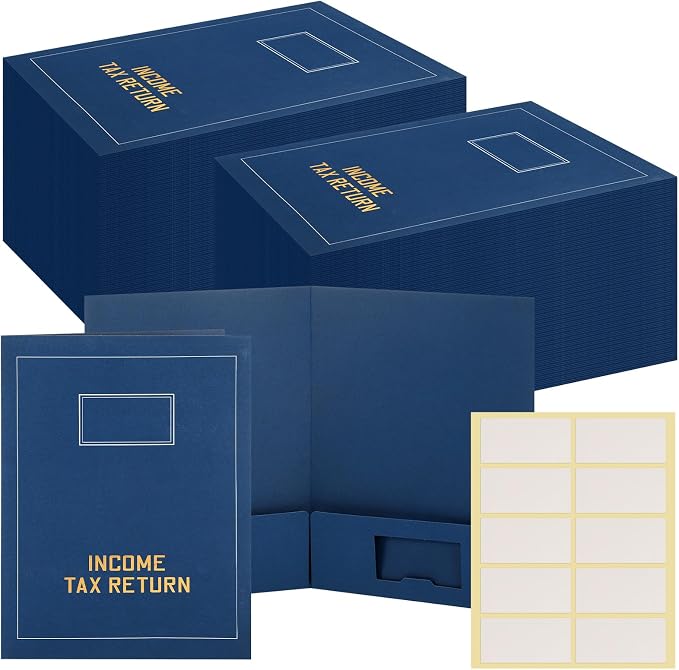 Kisston 300 Pcs Tax Return Folders Bulk 2 Pocket Gold Foil Stamped Income Tax Folders with Labels Business File Office Organizer (Blue)
