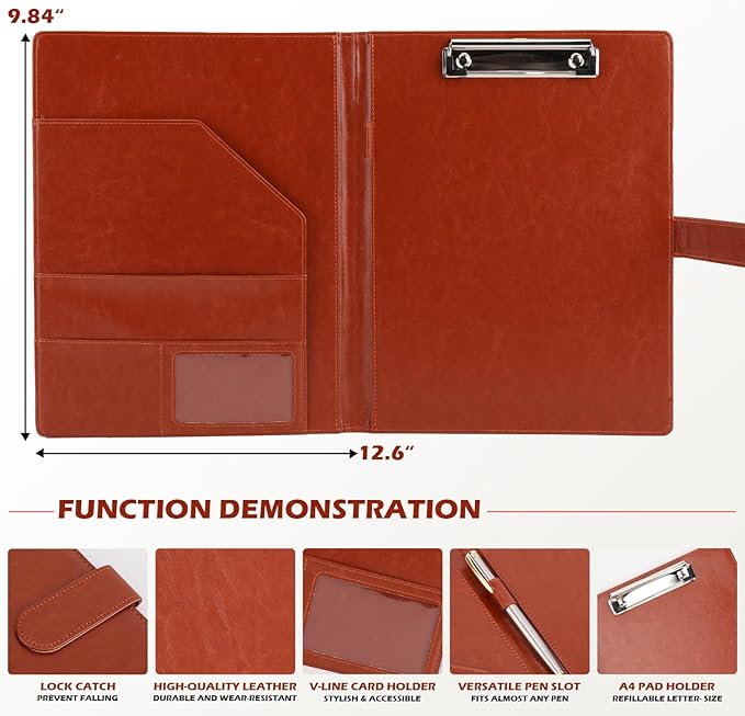 Tiankool Padfolio Portfolio Folder Binder -Faux Leather Portfolio Folder with Cover for A4 Notepad Holder, Business Portfolio for Resume, Legal Pad, Interview, Letter-size Padfolio for Women/Men,Brown
