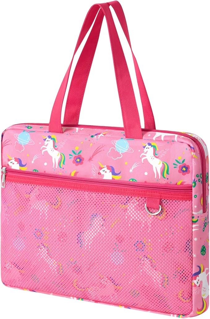 WAWSAM Unicorn Kids Mesh Zipper Pouch, File Organizer Folders with Pocket | 13.78" x 11.42" Waterproof File Folder for Girls with Handle, Document Organizer for School, Books, Travel, Home Storage