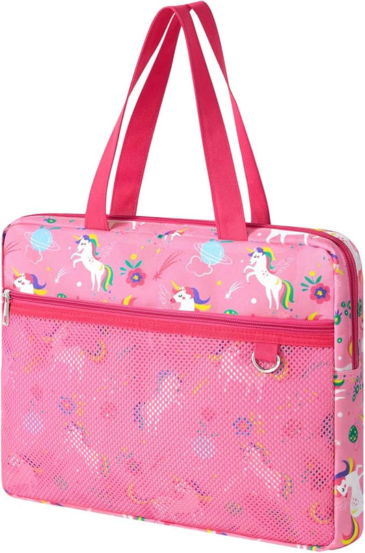 WAWSAM Unicorn Kids Mesh Zipper Pouch, File Organizer Folders with Pocket | 13.78" x 11.42" Waterproof File Folder for Girls with Handle, Document Organizer for School, Books, Travel, Home Storage