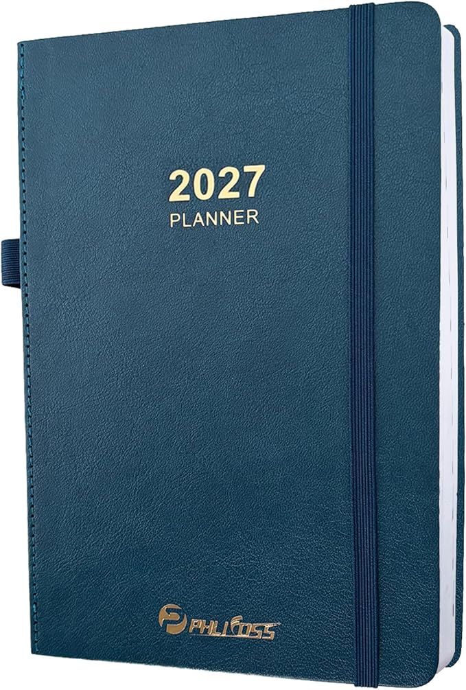 2027 Daily Planner/Calendar, One Page Per Day, Daily Monthly Agenda Planner with Time Slots and Monthly Tabs, Jan - Dec 2027, 5.7" x 8.25" Appointment Book, Pen Holder, Leather Cover (Blue)