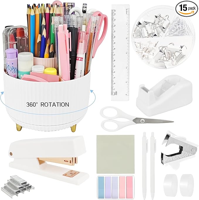 Ovatt White Desk Organizer Set - 15-Piece Office Supplies with 360° Rotating Pen Holder, Stapler, Tape Dispenser & Clips for Home Office