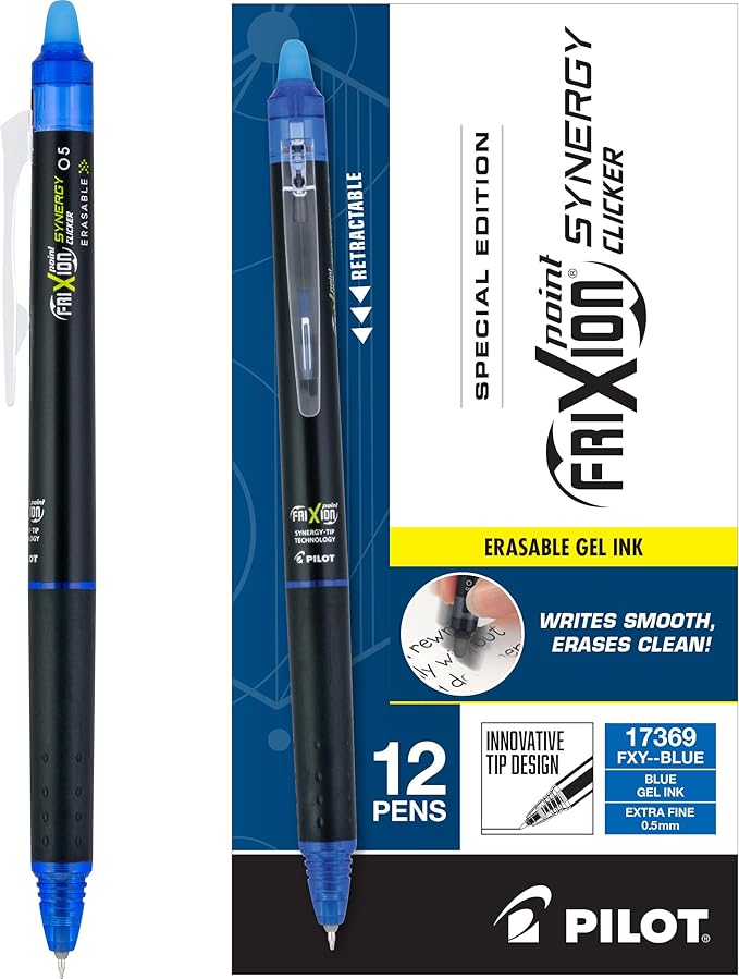 Pilot, FriXion Synergy Clicker Erasable, Refillable, Retractable Gel Ink Pens, Extra Fine Point 0.5 mm, Pack of 12, Blue Ink