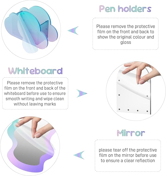 Locker Accessories Iridescent Set, (Acrylic Magnetic Whiteboard, Irregular Mirror, Pen Holder, Marker, Magnetic Clips) School Locker Decor, Work Locker Organizers