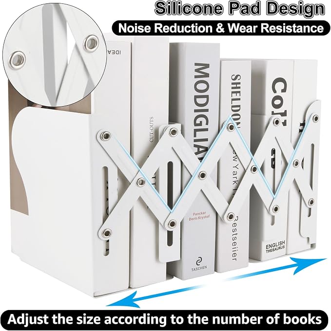 SHUESS 2 Pack Adjustable Bookends, Expandable Metal Book Holder With 2 Dividers, White Stoppers for Heavy Duty Books, Desk Ends for Shelves, Office & School