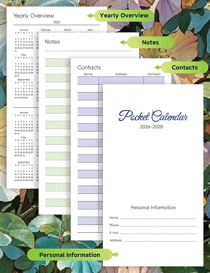 Pocket Calendar 2026-2028 Floral Series, Monthly Planner Jan 2026 to Jul 2028 (3.7" x 6.7") Perfect Purse Calendar, Pocket Agenda with Protective Plastic Sleeve-Mixed Floral