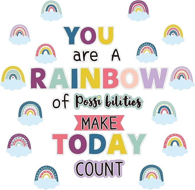 Motivational Rainbow Bulletin Board Cutouts, Happy Sunshine Day Inspirational Positive Classroom Decoration You are a Rainbow of Possibilities Accents for School Chalkboards Wall Decor