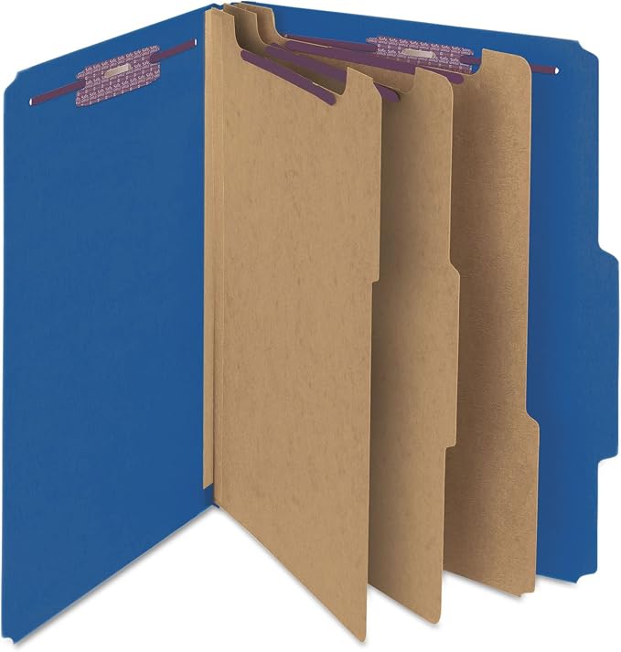 Smead Pressboard Classification File Folder with SafeSHIELD Fasteners, 3 Dividers, 3" Expansion, Legal Size, Dark Blue, 10 per Box (19096)