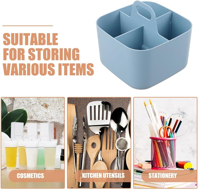 Partition Storage Basket with Handle 4-Compartment Organizer Box 6.49X6.49X6.29 Inch for Tool Storage Case Desktop Organizer for Office Art Supplies Makeup Kitchen Utensils