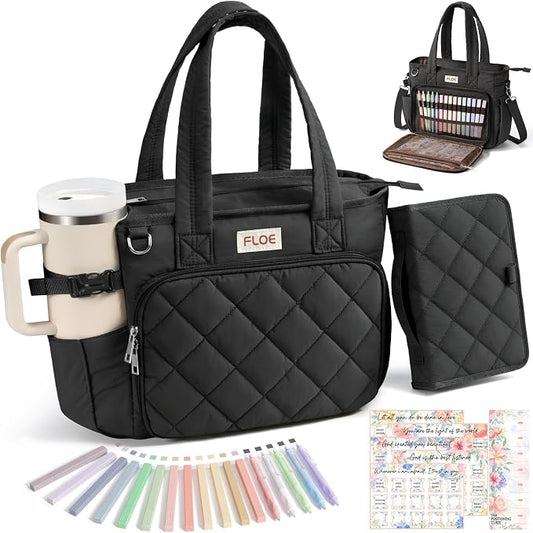 Large Bible Bag w/Bible Cover Case for Women, Puffer Bible Tote Bag Quilted Church Bag Carrying Case w/Shoulder Strap, Bible Study Supplies Journaling Kit Accessories Women Christian Mothers Day Gifts