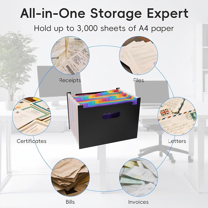 File Organizer Box with Folder, 25 Pockets Accordion File Organizer with Colored Labels, Upgraded & Portable File Folders for Home, Office, School, Black
