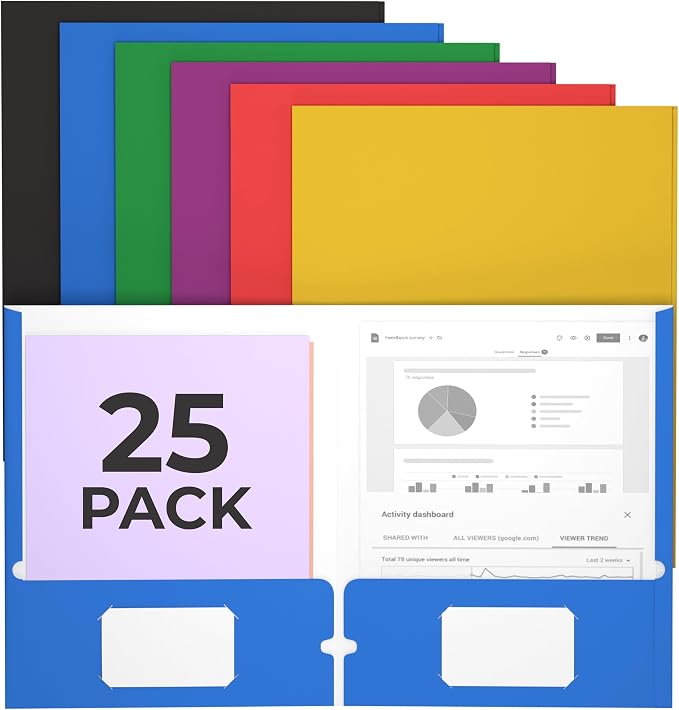 Folders with Pockets 2 Pocket Folders Bulk, Holds 100 Sheets (50 Sheets Per Pocket) Assorted Colors Office Or School (25)