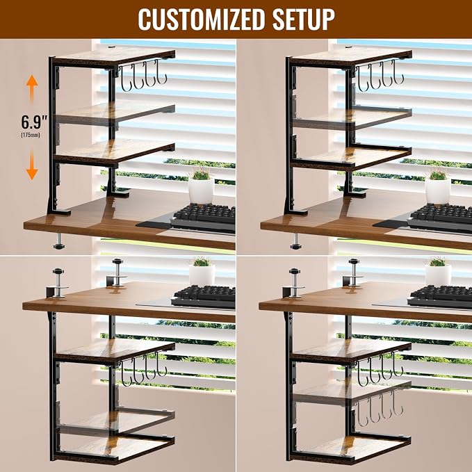Clamp-on Desk Shelf, 13 inch Above or Below Desk 2-Tier Shelving, Adjustable Metal Storage Tray for Gaming Devices or Office Desk Accessories and More, Brown, Patent Pending