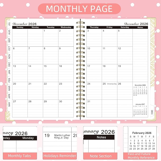 2026 Monthly Planner, Jan.2026 - Dec.2026 Weekly Planner 6.25"x8.5" with Page Tabs, Calendar Hardcover with Inner Pocket, Elastic Band, Twin-Wire Binding, Bookmark, White Pink Polka Dots