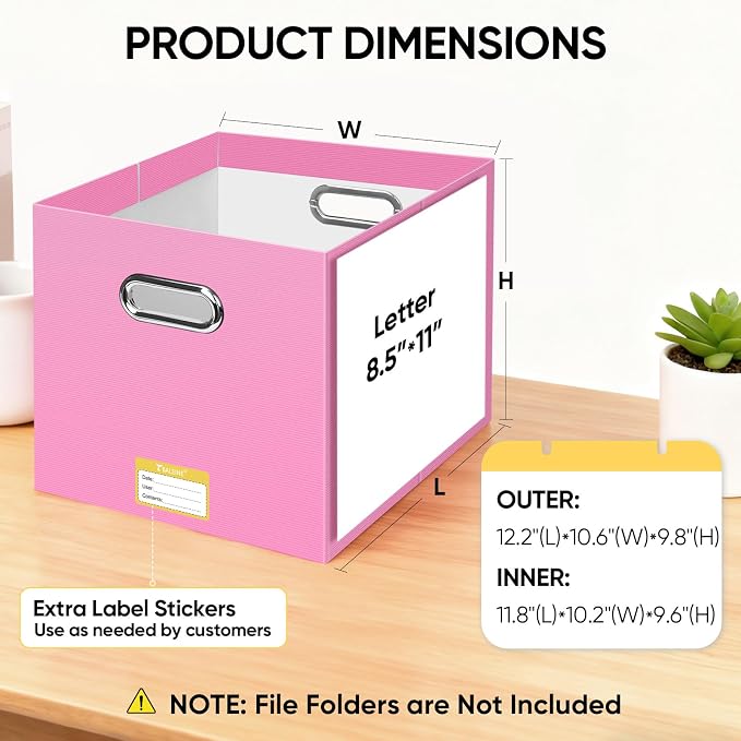 BALEINE File Organizer Box, Cardboard File Folder Organizer with Handle for Letter Size, Portable Collapsible Hanging Filing Box for Home Office Document Storage (2 Pack, Large Pink)