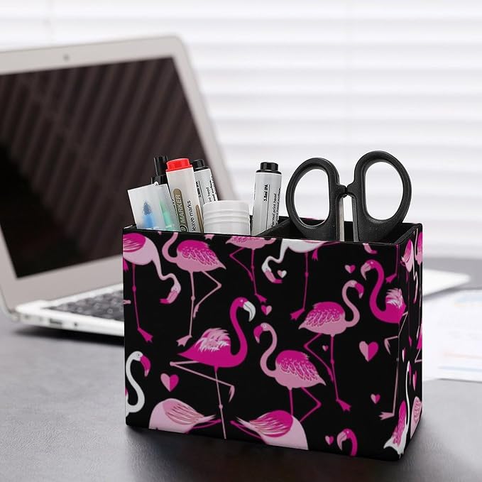 Desk Organizer Pen Holder Pink Love Heart Flamingo with Anti Slip Bottom, Decoration Office Desk Square Brush Pot, Multi-Functional PU Leather Pen Container