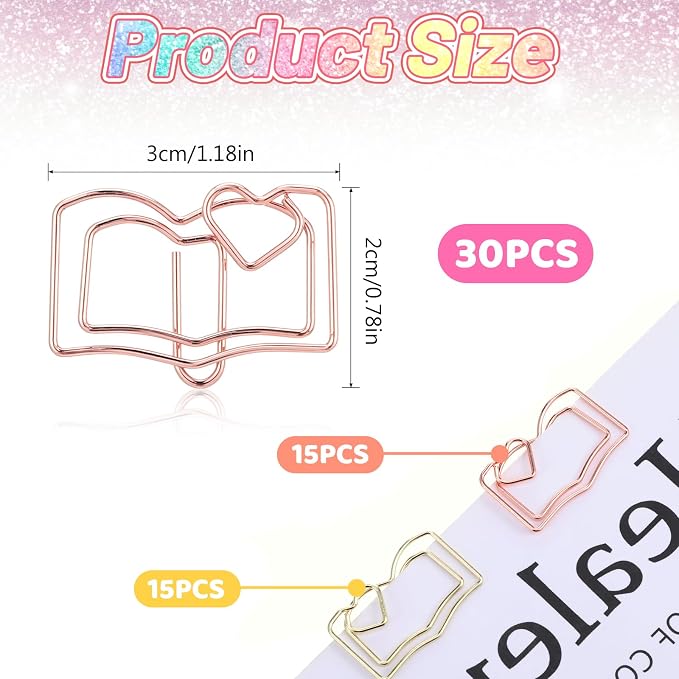 Book Shape Paper Clips Bookmark, 30pcs Stainless Steel Book with Heart Paper Clip Gold and Rose Books Bookmark Funny Paperclips with Heart Document Organization Office School Desk Wedding Deco