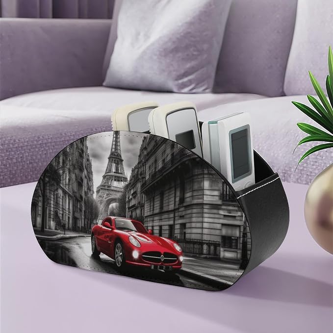 City Street Red Car Remote Control Holder TV Remote Caddy with 5 Compartments PU Leather Storage Box Stylish Desk Organizer for TV/DVD/Accessories Desk Office Supplies Home