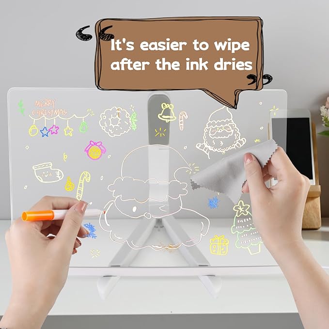 Clear LED Acrylic Dry Erase Board with Light & Stand,7 Color Pens, Light Up Drawing Message Board for Writing Doodle Memo,Desktop Night Light for Home Office School Bar Cafe,Holiday Gift.7.9x7.9in