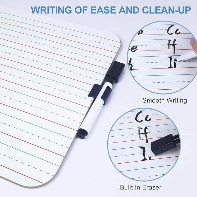 JUSTPAT 24 Pack Dry Erase Boards, 9"x12" Double Sided Easel Small Whiteboards with Lines for Kids, Students, Education Teacher Classroom, Mini Portable White Boards with 24 Markers, 24 Erasers