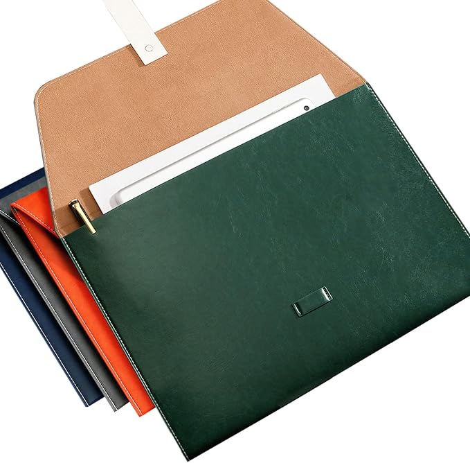 PU Leather A4 File Folder Large Document Holder Waterproof Envelope Folder Case with Handmade Closure (Green)