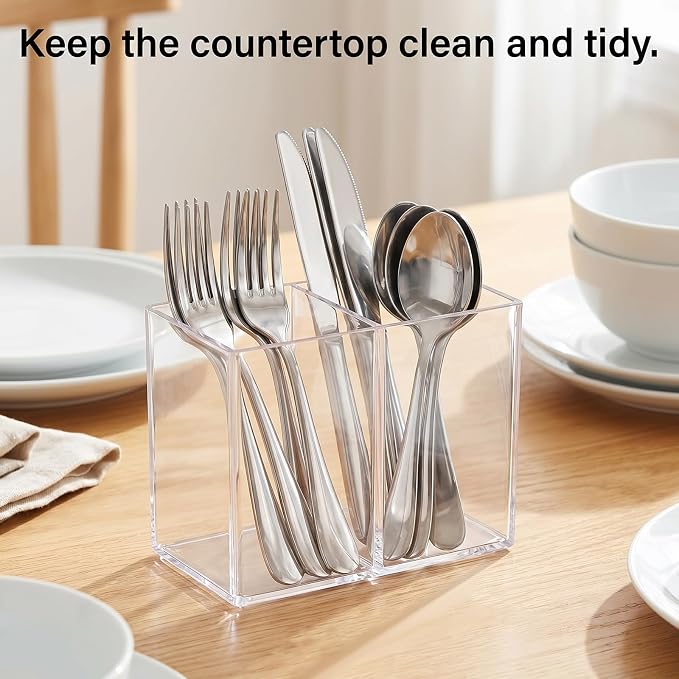 Acrylic Pen Holder for Desk, Clear, 2 Compartments | Countertop Desk Accessory Storage, Makeup Brush Organizer