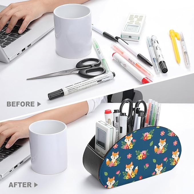 Remote Control Box with 5 Compartments, PU Leather Storage for Media Players, TV Remotes, and Bedside Table, Cute Fox
