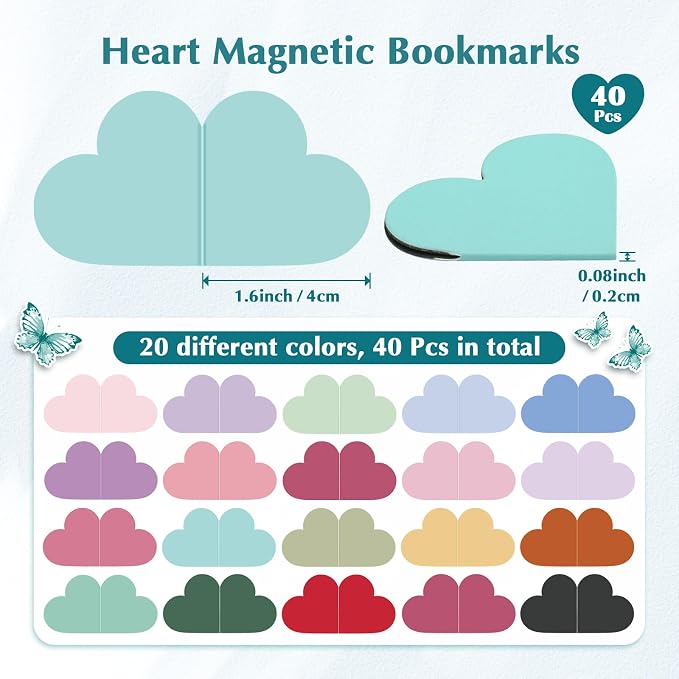 40 Pcs Heart Magnetic Bookmarks, Graduation Gifts for Women, Cute Book Marks for Reading Book Lovers, Page Markers Clip for Teacher & Student Book Accessories for School Office Home Supplies