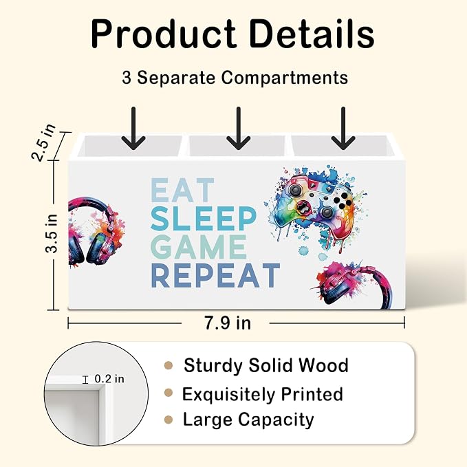 Kids Boys Eat Sleep Game Repeat Pen Pencil Holder for Desk, Video Game Lovers Office Desk Accessories, Boys Kids Gamer Pen Holders Organizer for Classroom Bathroom
