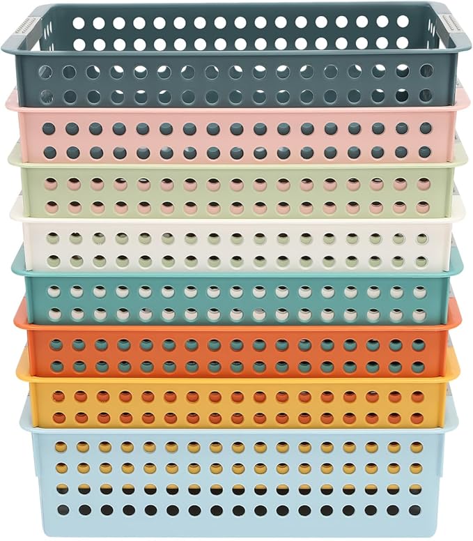 24 Pack Plastic Storage Baskets - Colorful Paper Organizer Baskets Plastic Shelf Bins with Handles, Classroom Office File Holder for Home Office School