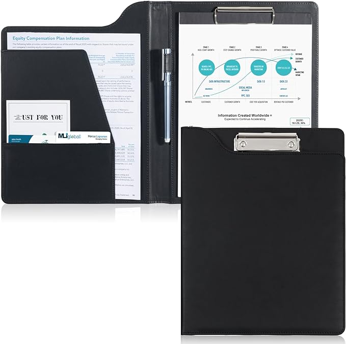 ProCase Clipboard Folder Portfolio, A4 Leather Padfolio Clipboard, Professional Business Portfolio Folder for Interview Resume Office Conference -Black