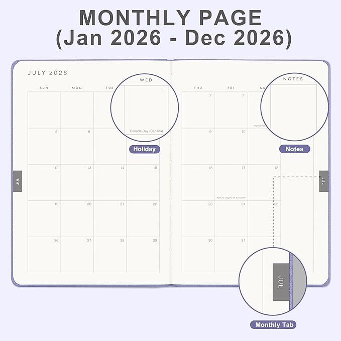 And Per Se 2026 Planner-Daily, Weekly & Monthly Leather Hardcover Planner, 5.7" x 8", Daily Schedule, 100 GSM Thick Paper, Back Pocket(Lavender)